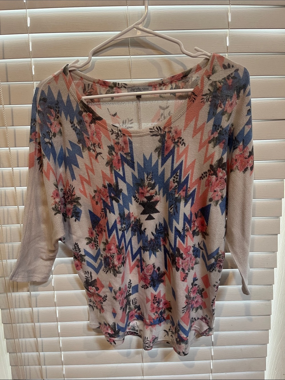 Charlotte Russe Coral, Blue & Cream Aztec Floral Long Sleeve Top